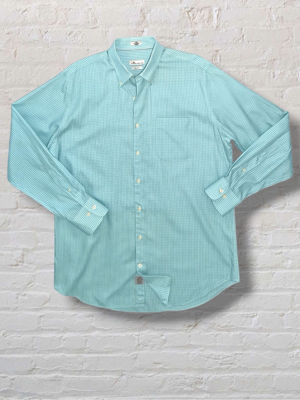 Peter Millar Crown Soft Orleans Gingham Sport Shirt Large Aqua Cotton Silk - Picture 2 of 8